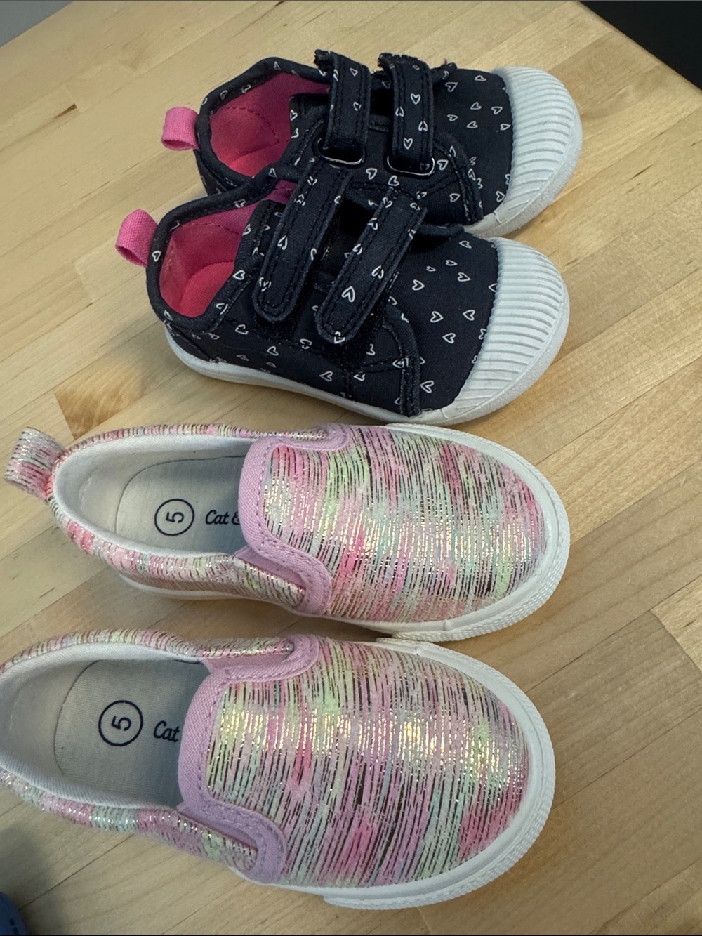 Cat & Jack Navy Heart Velcro Sneakers & Pink Glitter Slip-On Set Size 5